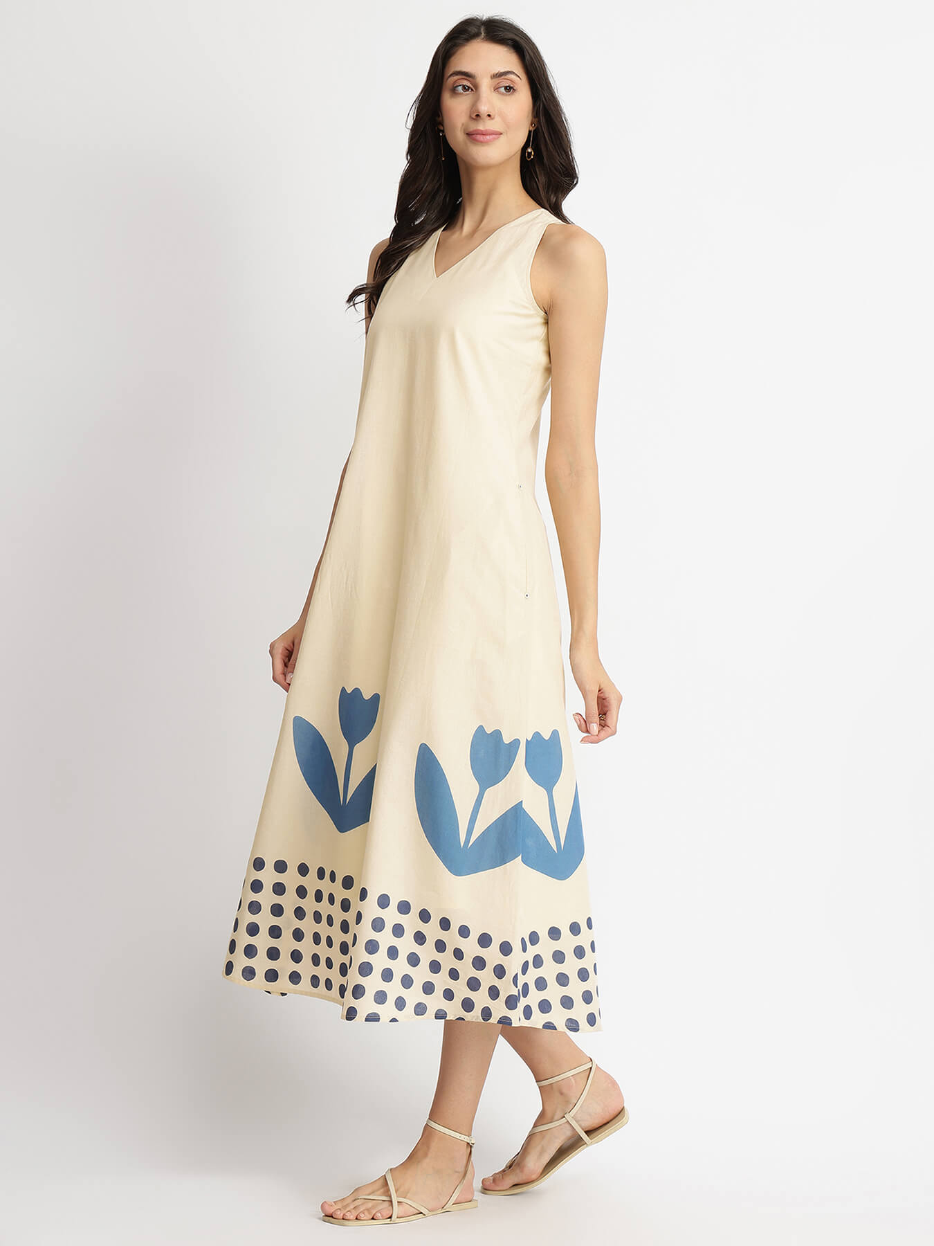 Cotton Floral Motif Dress - Off-White & Blue