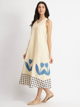 Cotton Floral Motif Dress - Off-White & Blue