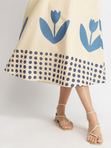 Cotton Floral Motif Dress - Off-White & Blue