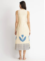 Cotton Floral Motif Dress - Off-White & Blue