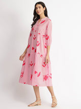Cotton Floral Motif Dress - Pink