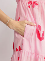 Cotton Floral Motif Dress - Pink