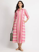 Cotton Floral Motif Shirt Dress - Pink & Off-White