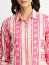 Cotton Floral Motif Shirt Dress - Pink & Off-White