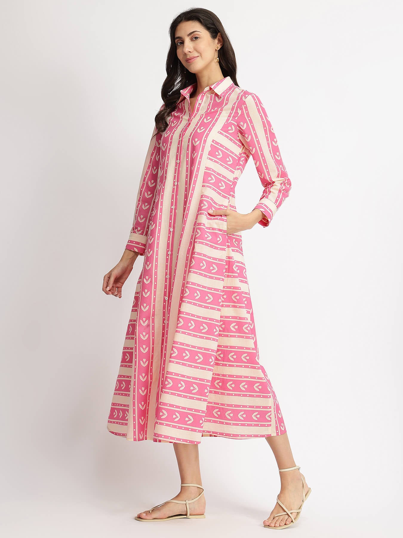 Cotton Floral Motif Shirt Dress - Pink & Off-White