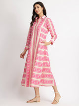 Cotton Floral Motif Shirt Dress - Pink & Off-White