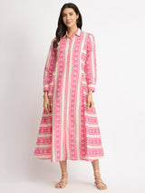 Cotton Floral Motif Shirt Dress - Pink & Off-White