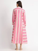 Cotton Floral Motif Shirt Dress - Pink & Off-White