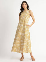 Cotton Dabu Floral A-Line Dress - Yellow