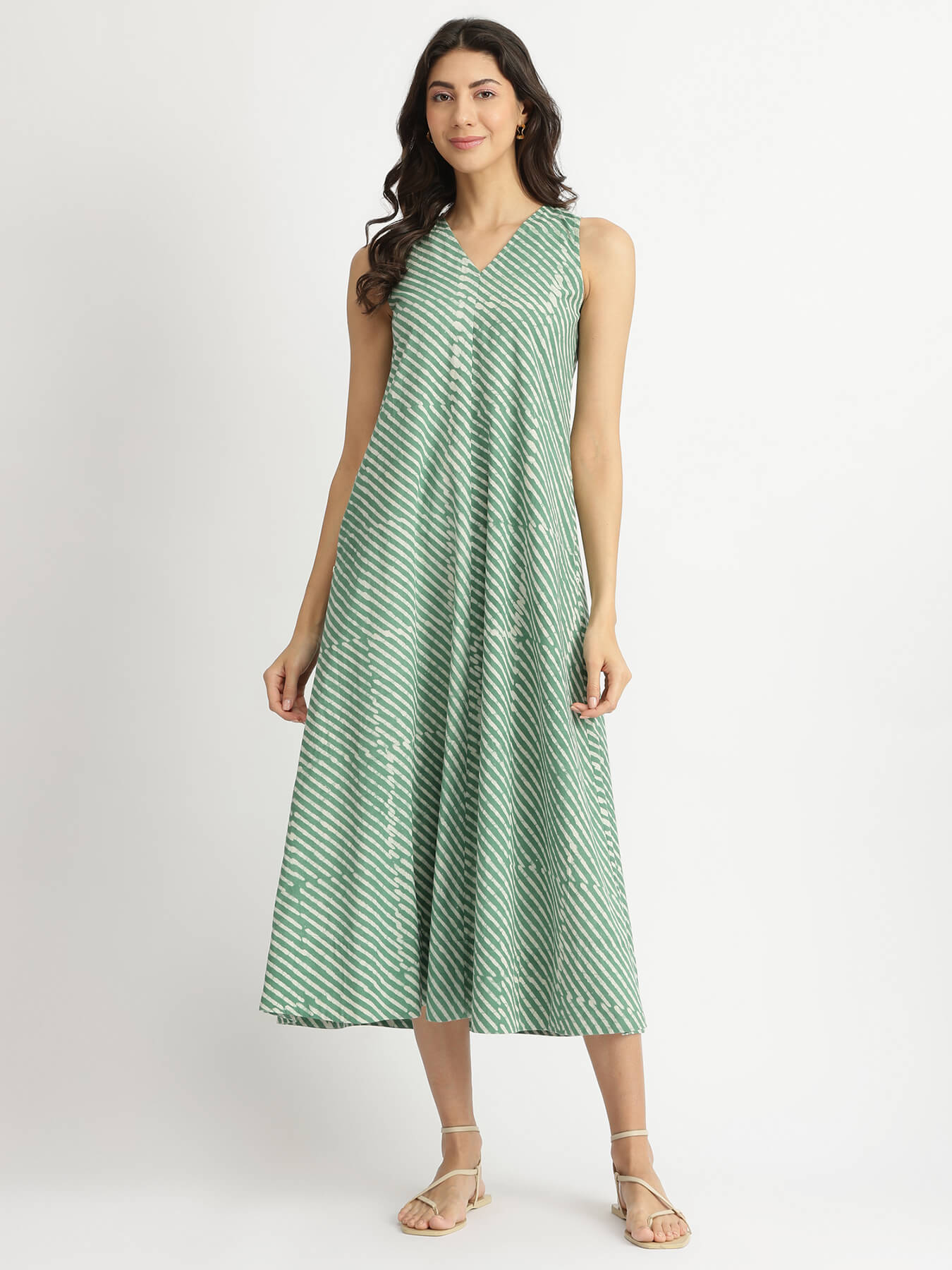 Cotton Dabu Striped A-Line Dress - Green