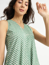 Cotton Dabu Striped A-Line Dress - Green