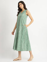Cotton Dabu Striped A-Line Dress - Green
