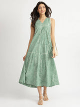 Cotton Dabu Striped A-Line Dress - Green