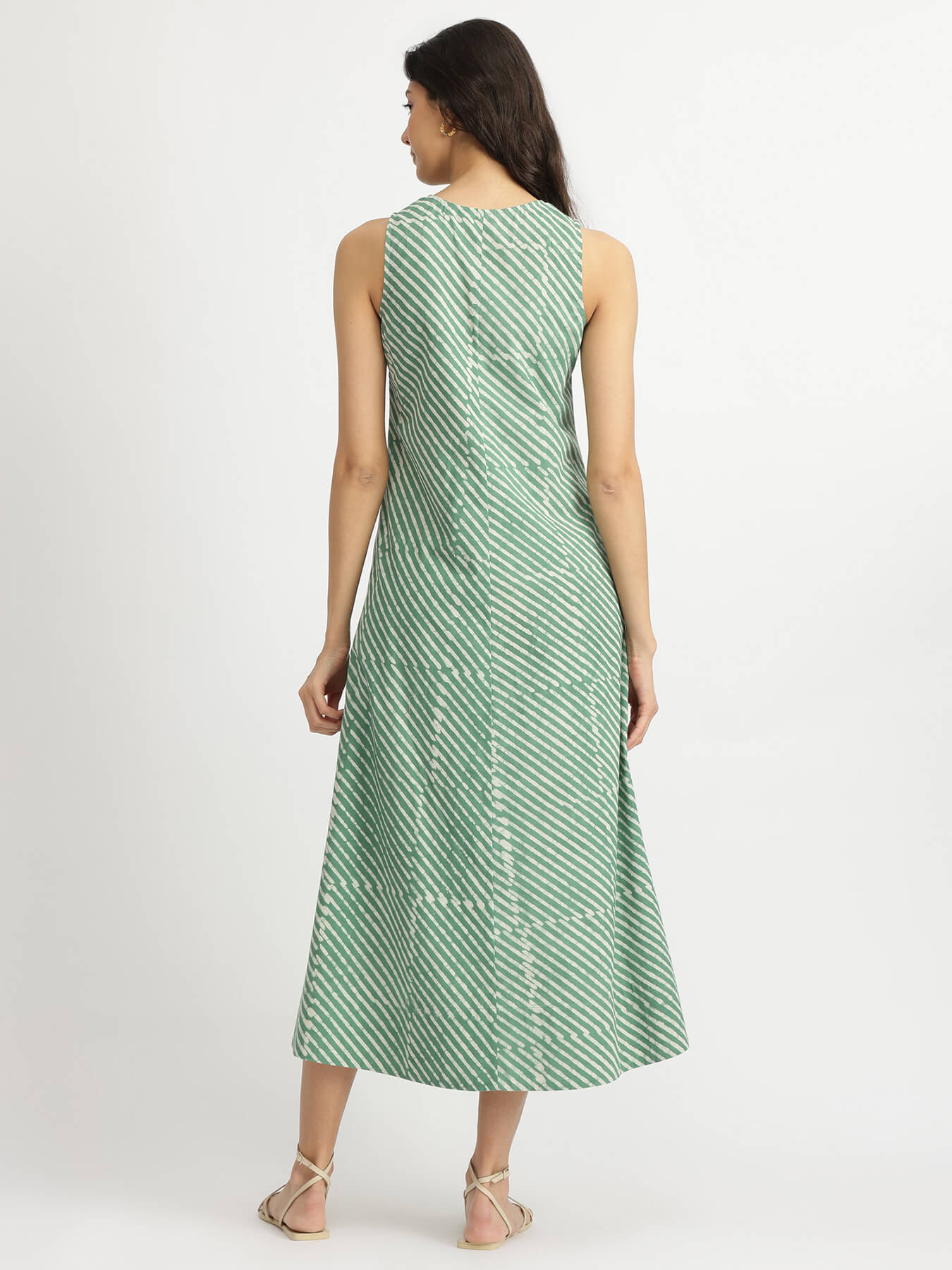 Cotton Dabu Striped A-Line Dress - Green