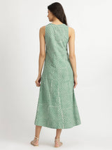 Cotton Dabu Striped A-Line Dress - Green