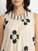 Cotton Floral A-Line Dress - White & Black