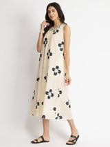 Cotton Floral A-Line Dress - White & Black