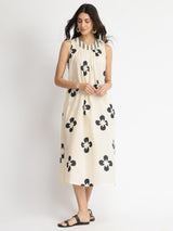 Cotton Floral A-Line Dress - White & Black
