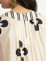 Cotton Floral A-Line Dress - White & Black