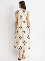 Cotton Floral A-Line Dress - White & Black