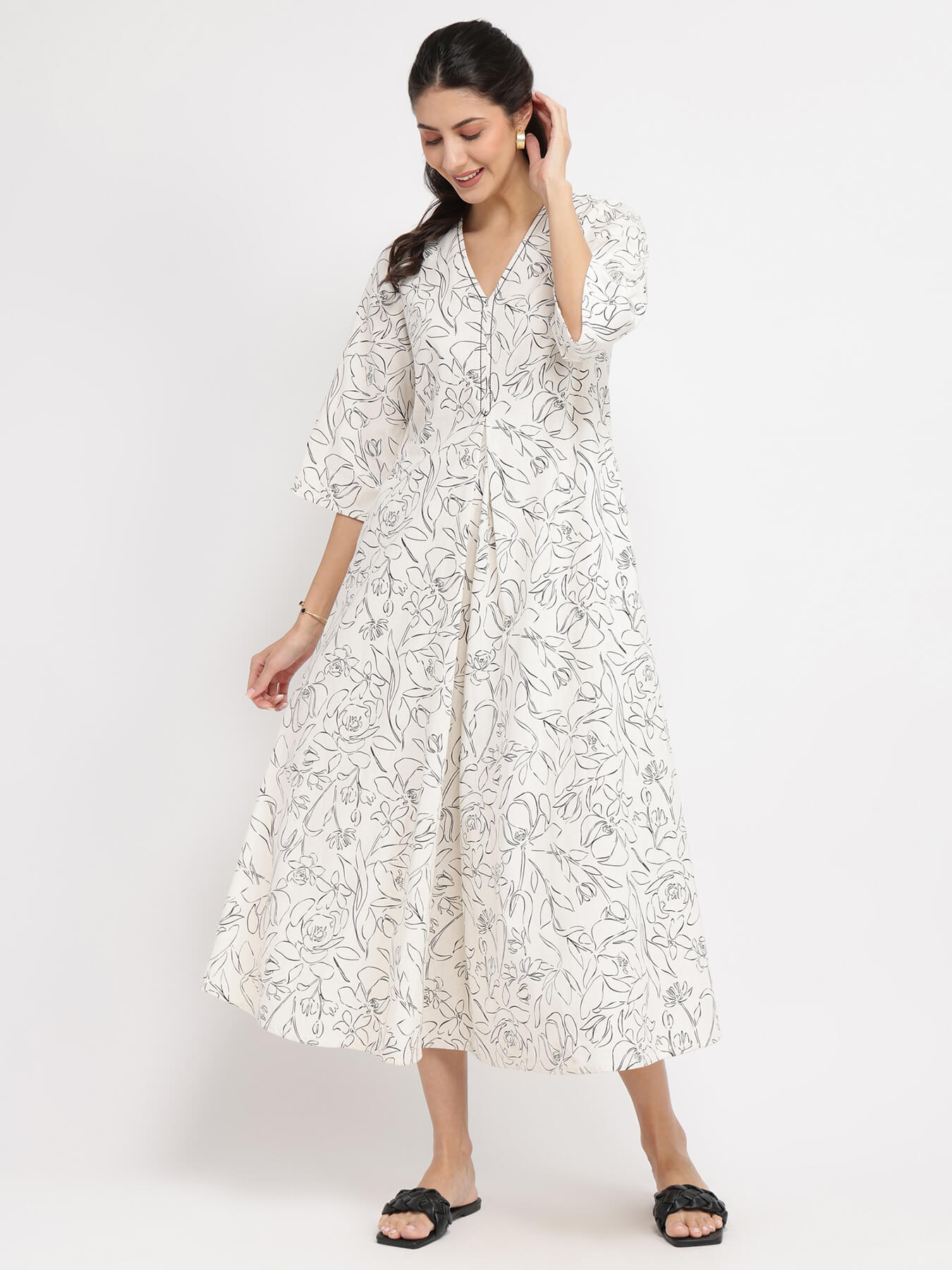 Rayon Floral A-Line Dress - White