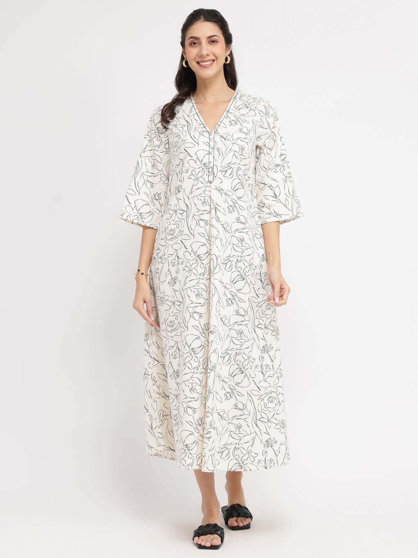 Rayon Floral A-Line Dress - White