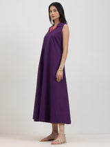 Cotton Solid A-Line Dress - Purple