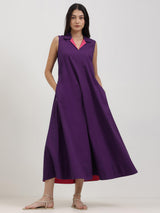 Cotton Solid A-Line Dress - Purple