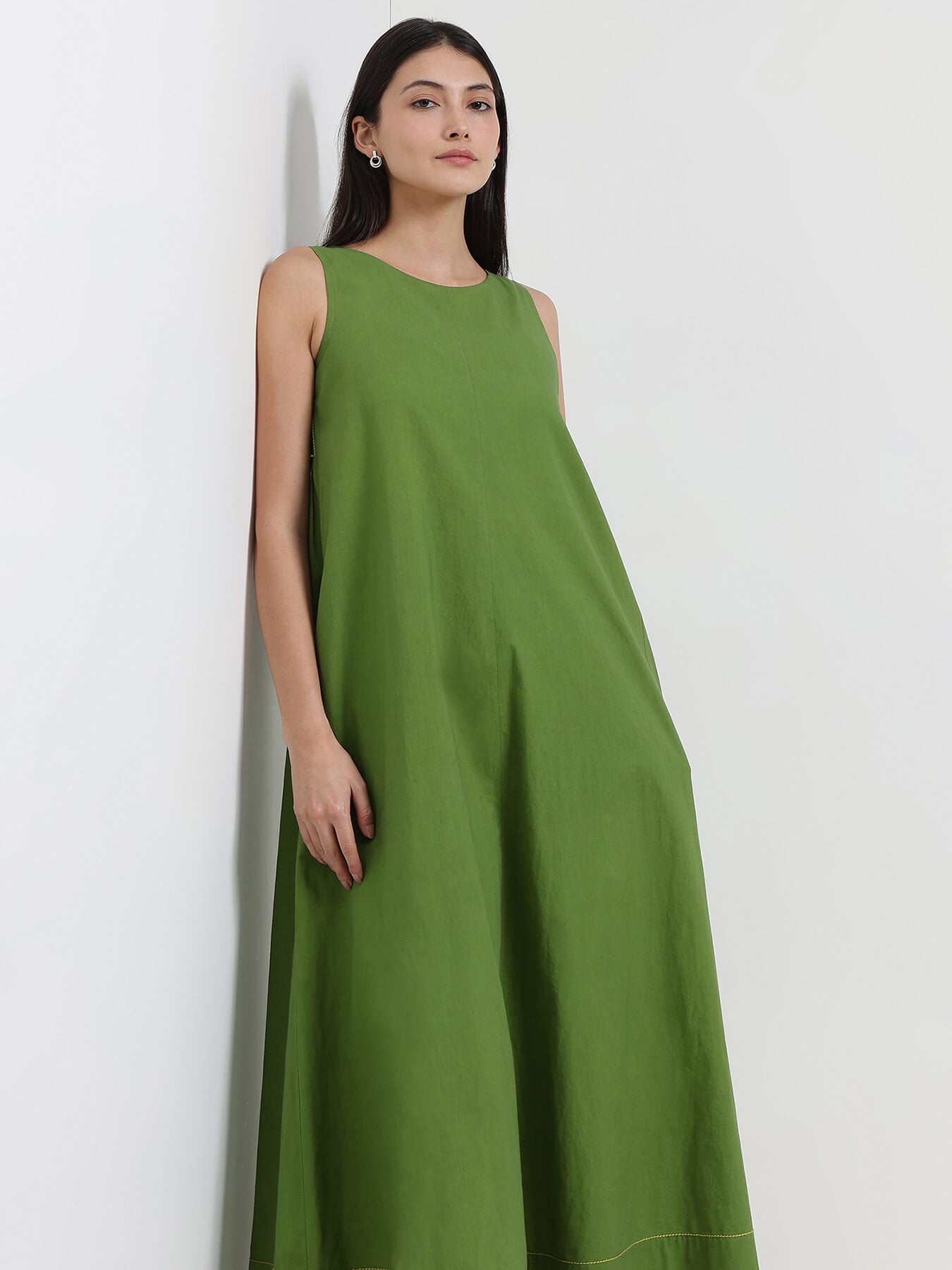 Cotton Solid A-Line Dress - Green