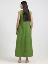 Cotton Solid A-Line Dress - Green