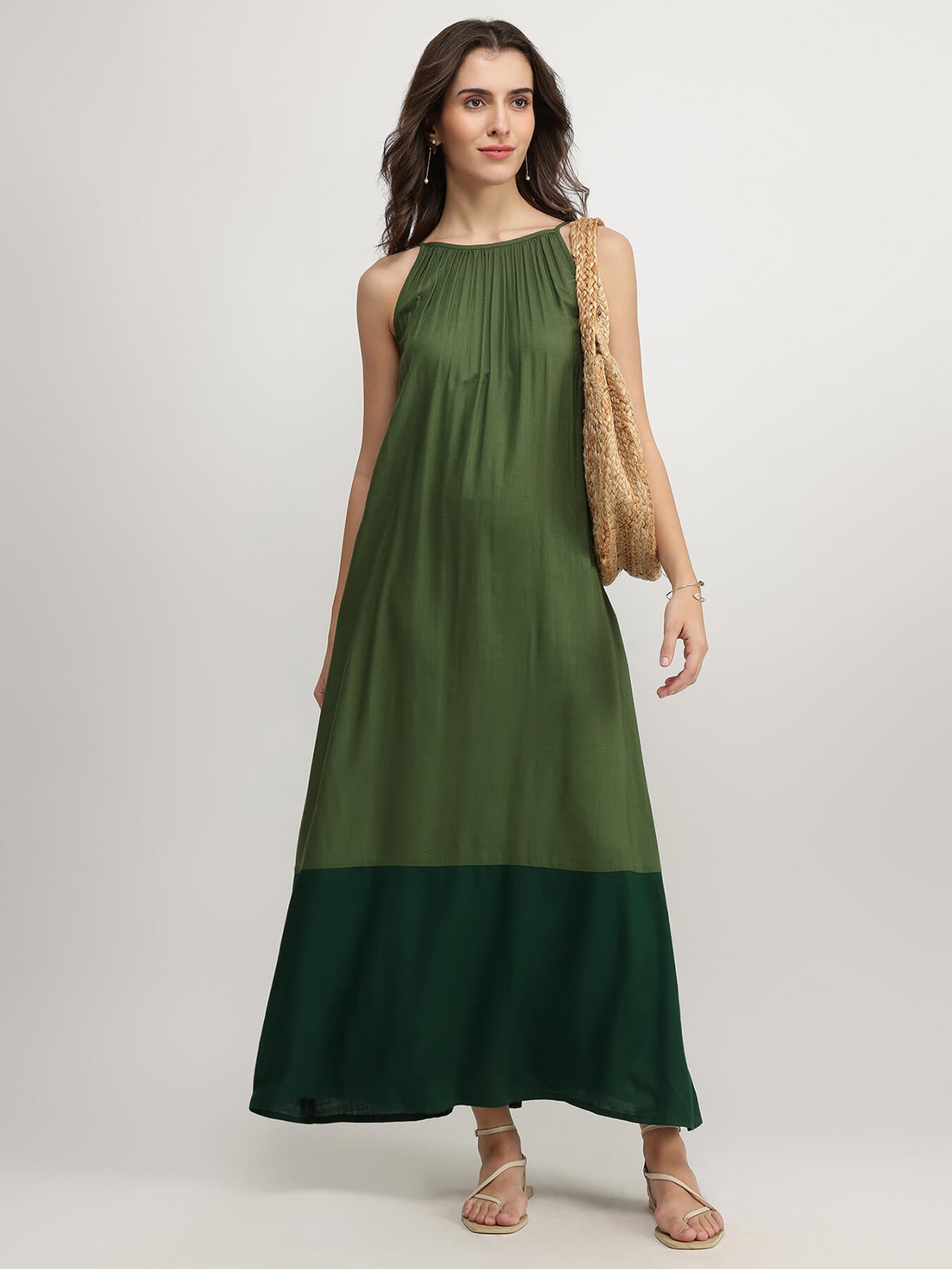 Rayon Colourblock Flared Strap Dress - Green