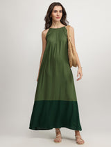 Rayon Colourblock Flared Strap Dress - Green