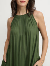 Rayon Colourblock Flared Strap Dress - Green