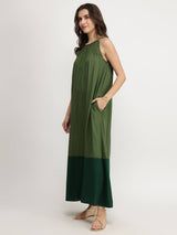 Rayon Colourblock Flared Strap Dress - Green