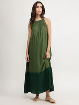 Rayon Colourblock Flared Strap Dress - Green