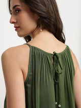 Rayon Colourblock Flared Strap Dress - Green