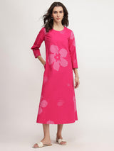 Cotton Floral A-Line Dress - Pink