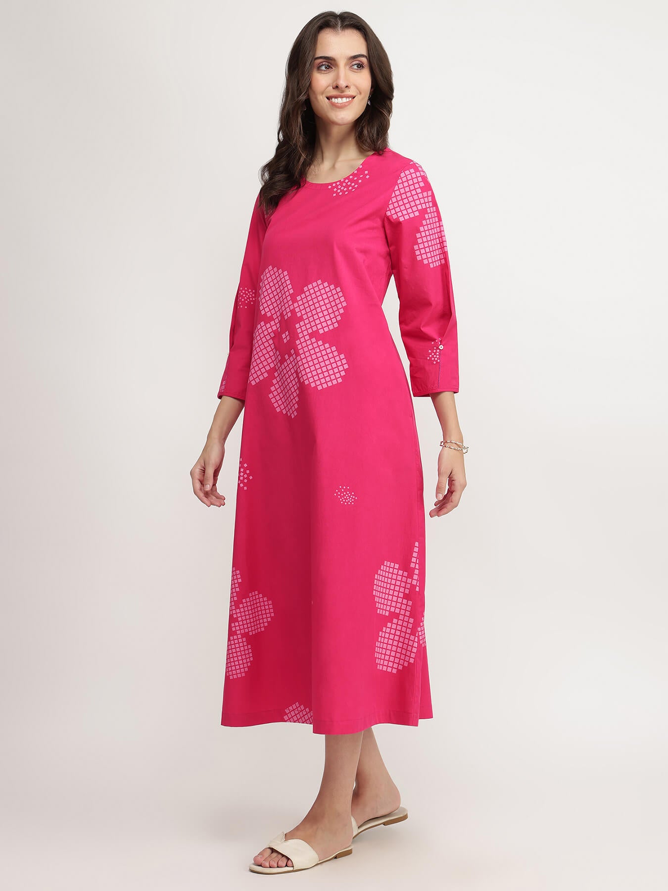 Cotton Floral A-Line Dress - Pink
