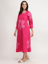 Cotton Floral A-Line Dress - Pink