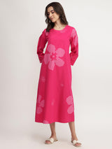 Cotton Floral A-Line Dress - Pink