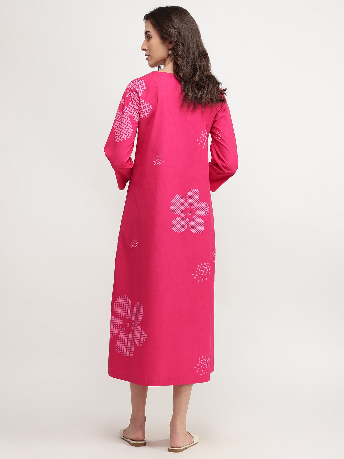 Cotton Floral A-Line Dress - Pink