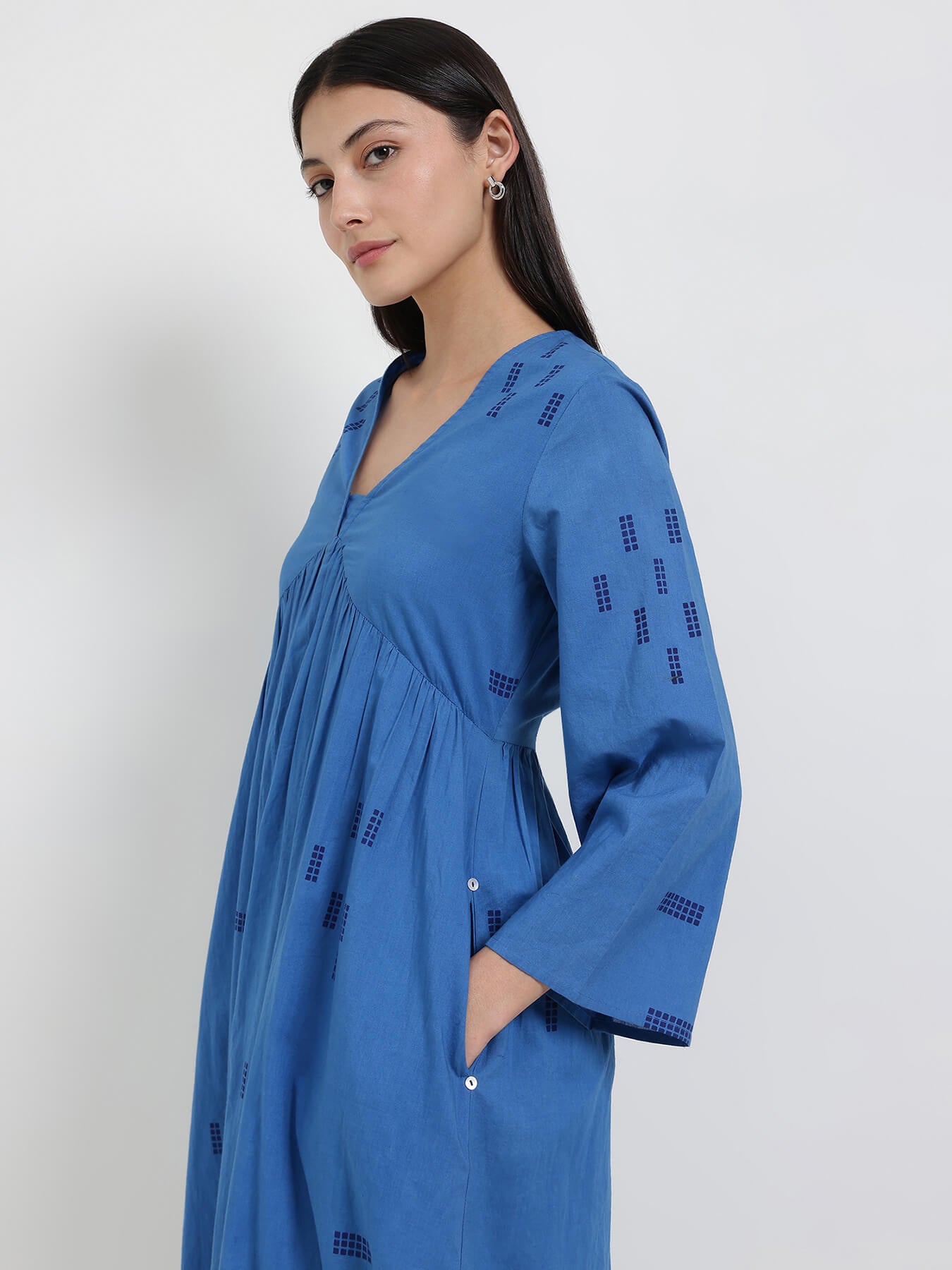 Cotton Geometric Print Dress - Blue