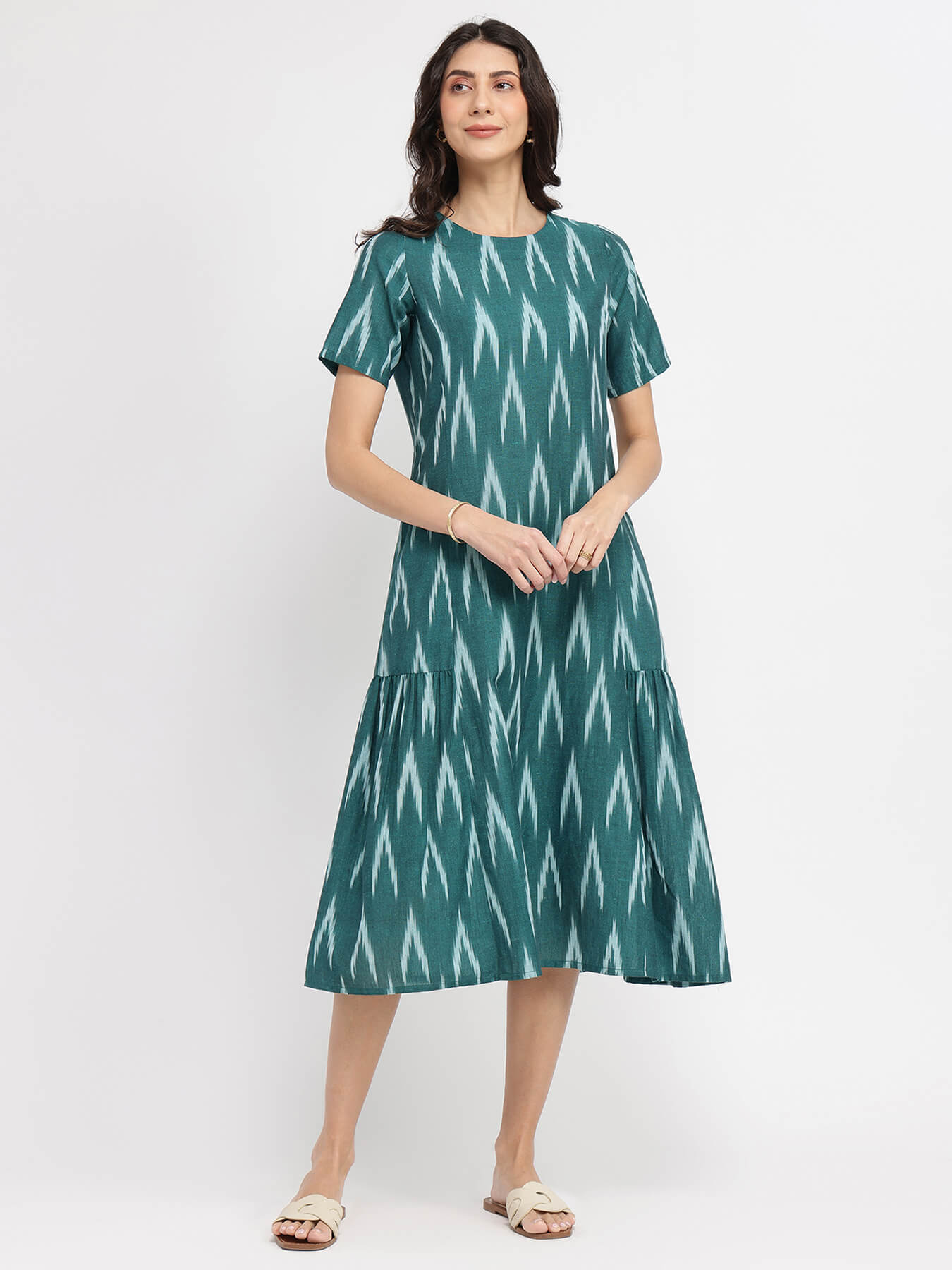 Cotton Ikat A-Line Dress - Green