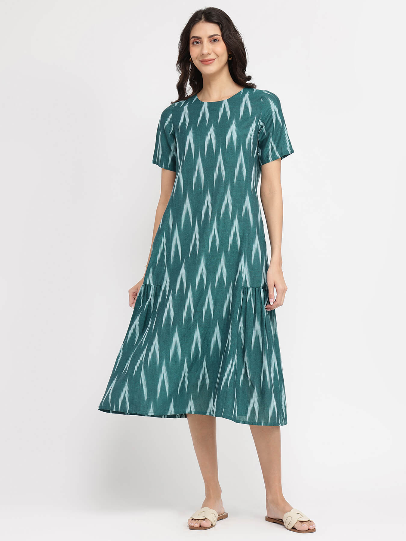 Cotton Ikat A-Line Dress - Green