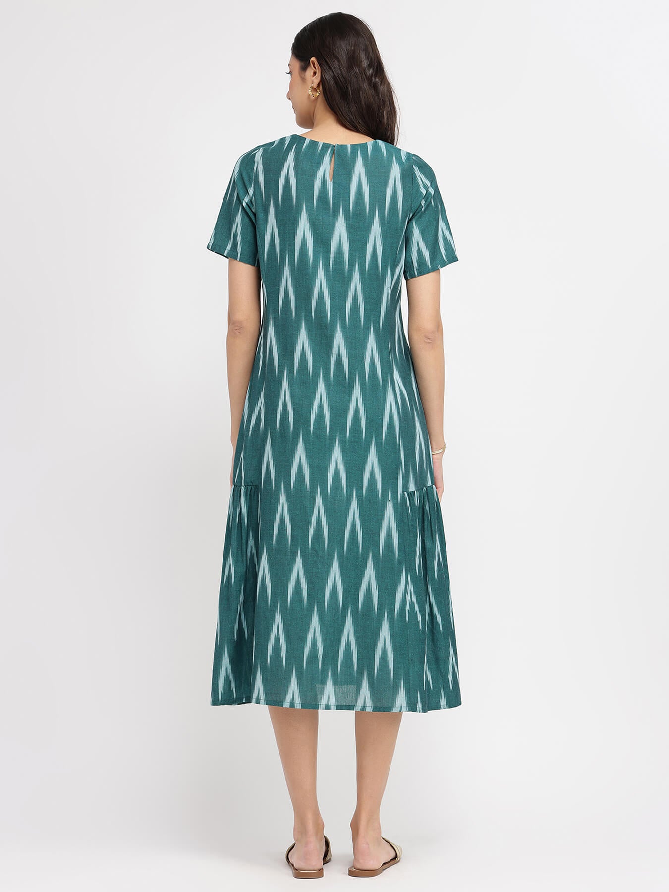 Cotton Ikat A-Line Dress - Green