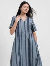 Cotton Stripe Play A-Line Dress - Blue