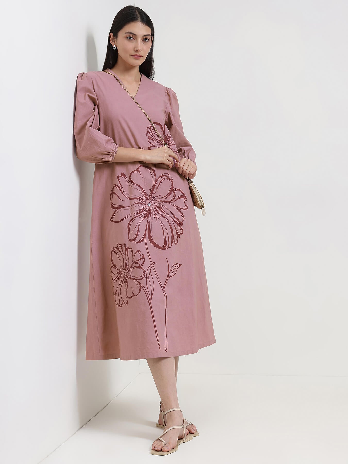 Cotton Floral Placement Print Dress - Pink