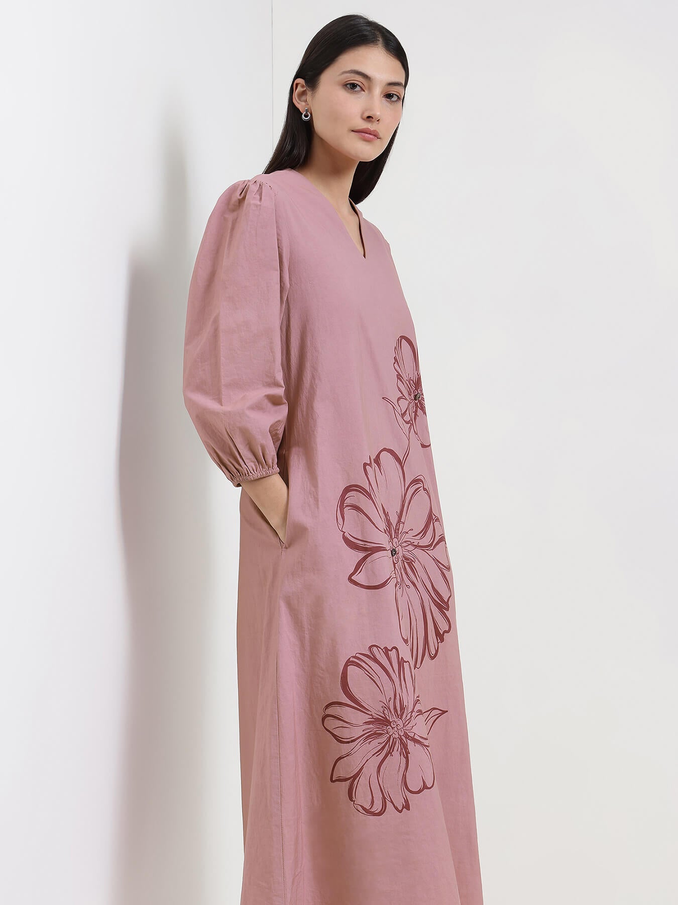 Cotton Floral Placement Print Dress - Pink