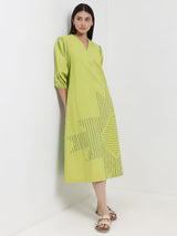 Cotton Geometric Placement Print Dress - Green