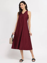 Cotton Solid A-Line Dress - Red